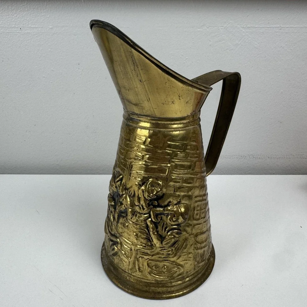 Vintage Brass Water Pitcher Jug Embossed Tavern Scene Made In Holland Decor‎